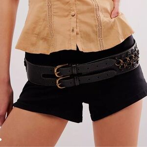 Free People Black Double Buckle Chain Belt leather FAST LANE Sz S M 32 34